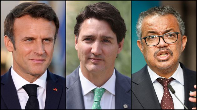 （左から）フランスのマクロン大統領、カナダのトルドー首相、WHOのテドロス事務局長