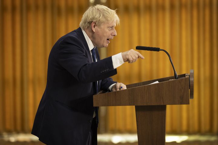 Boris Johnson speaks at a press conference during the Commonwealth heads of government summit in Rwanda.