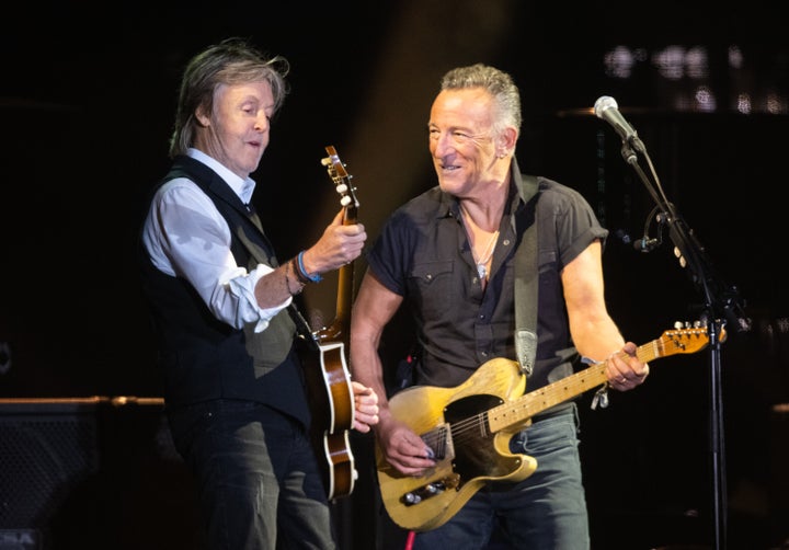 Paul McCartney performs with Bruce Springsteen as he headlines the Pyramid Stage during day four of Glastonbury Festival at Worthy Farm, Pilton on June 25, 2022 in Glastonbury, England. (Photo by Samir Hussein/WireImage)