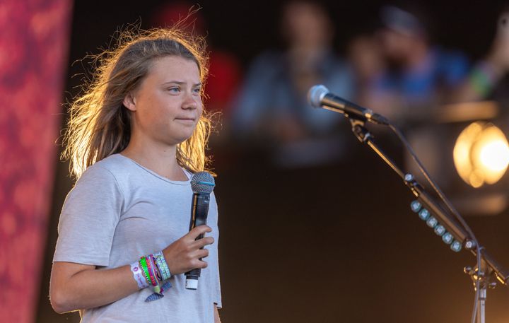 Greta Thunberg makes a speech on the Pyramid Stage during day four of Glastonbury Festival at Worthy Farm, Pilton on June 25, 2022 in Glastonbury, England. (Photo by Matt Cardy/Getty Images)