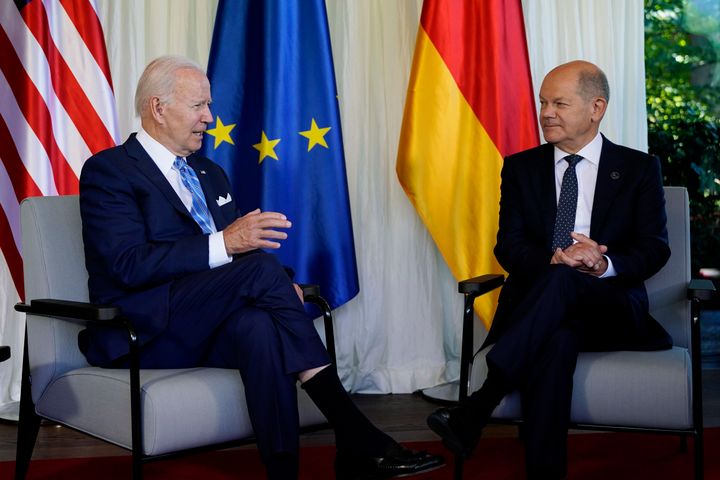 President Joe Biden and German Chancellor Olaf Scholz speak during a bilateral meeting at the G7 Summit in Elmau, Germany, Sunday, June 26, 2022. Biden is in Germany to attend the Group of Seven summit of leaders of the world's major industrialized nations. (AP Photo/Susan Walsh)