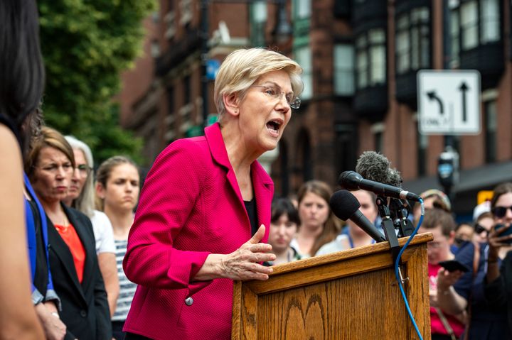 U.S. Senator Elizabeth Warren, seen at a rally to protest the U.S. Supreme Court's overturning of Roe vs. Wade in Boston on Friday, supports expanding the number of justices to 13. 