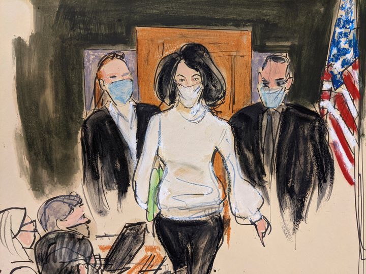 Maxwell is seen in a courtroom sketch at the start of her trial in 2021.