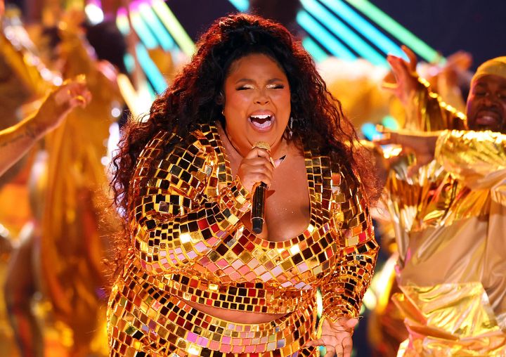 Lizzo performing during the 2022 BET Awards at Microsoft Theater.