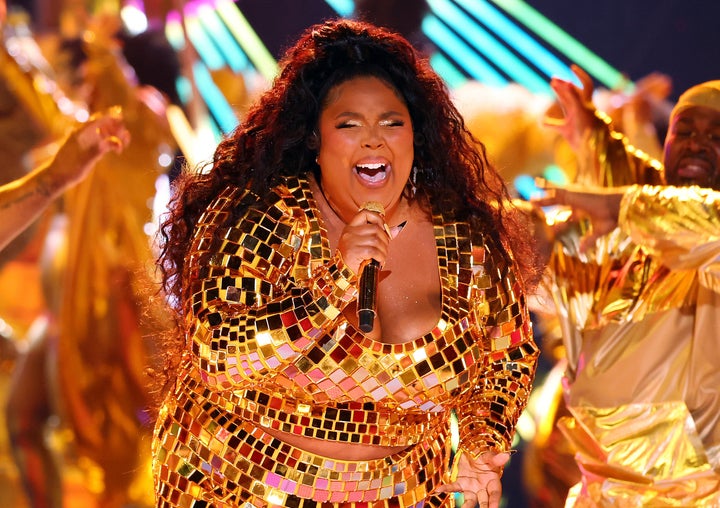 Lizzo performing during the 2022 BET Awards at Microsoft Theater.