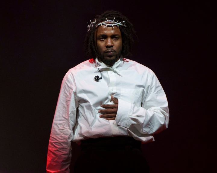 Kendrick Lamar performs at the Glastonbury Festival in Worthy Farm, Somerset, England, Sunday, June 26, 2022. (AP Photo/Scott Garfitt)