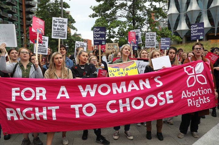 Demonstrators outside the US embassy in London to protest against the decision to scrap constitutional right to abortion.