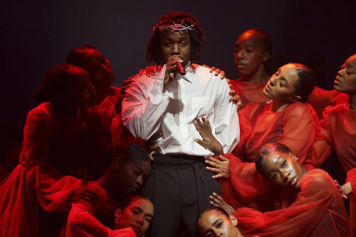 Kendrick Lamar performs at the Glastonbury Festival on Sunday, June 26.