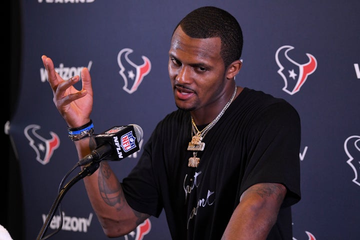 Deshaun Watson, then with the Houston Texans, speaks during a news conference in 2019.