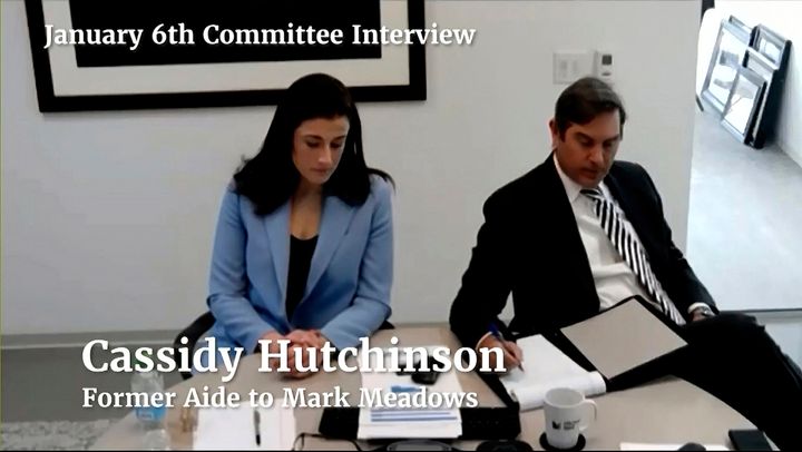 Cassidy Hutchinson, former aide to Mark Meadows, speaks during an interview with the committee investigating the Jan. 6, 2021, attack on the U.S. Capitol, as seen in this image from the committee's video displayed at the June 21 hearing.