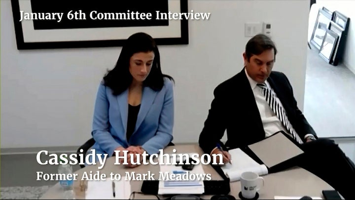 Cassidy Hutchinson, former aide to Mark Meadows, speaks during an interview with the committee investigating the Jan. 6, 2021, attack on the U.S. Capitol, as seen in this image from the committee's video that was displayed at the June 21 hearing.