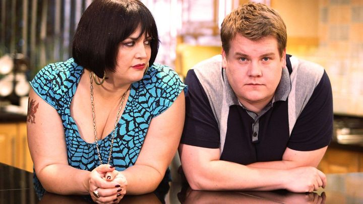 Ruth Jones and James Corden in character as Nessa and Smithy