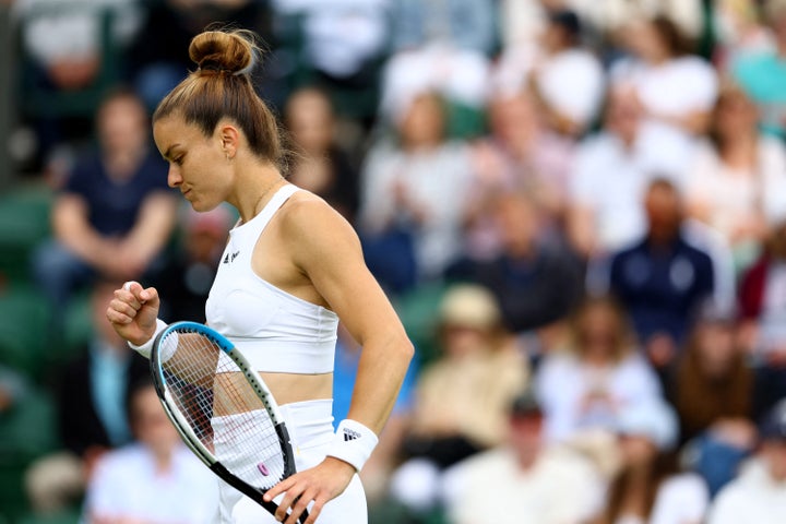 Tennis - Wimbledon - All England Lawn Tennis and Croquet Club, London, Britain - June 28, 2022 Greece's Maria Sakkari reacts during her first round match against Australia's Zoe Hives REUTERS/Hannah Mckay