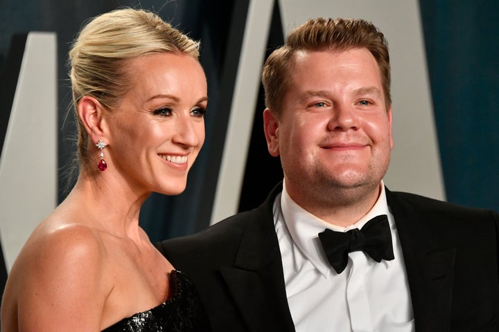 Julia Carey and James Corden attend the 2020 Vanity Fair Oscar Party on Feb. 9, 2020, in Beverly Hills.
