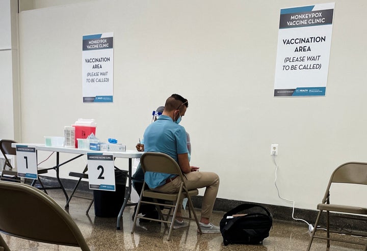 A man receives a dose of the Jynneos monkeypox vaccine as part of DC Health's first vaccination drive in Washington, U.S., on June 28, 2022.