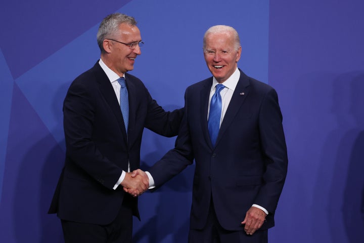 NATO Secretary General Jens Stoltenberg and President of the United States Joe Biden during the welcome ceremony of the NATO Summit in Madrid, Spain on June 29, 2022. 