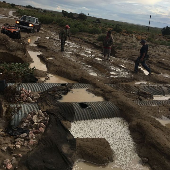 The road to the To’Hajiilee Community School is constantly battered by flash floods because the school was built in a flood plain.