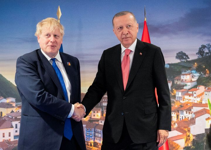 British Prime Minister Boris Johnson and Turkish President Recep Tayyip Erdogan shake hands during the NATO summit in Madrid, Spain June 29, 2022. Stefan Rousseau/Pool via REUTERS