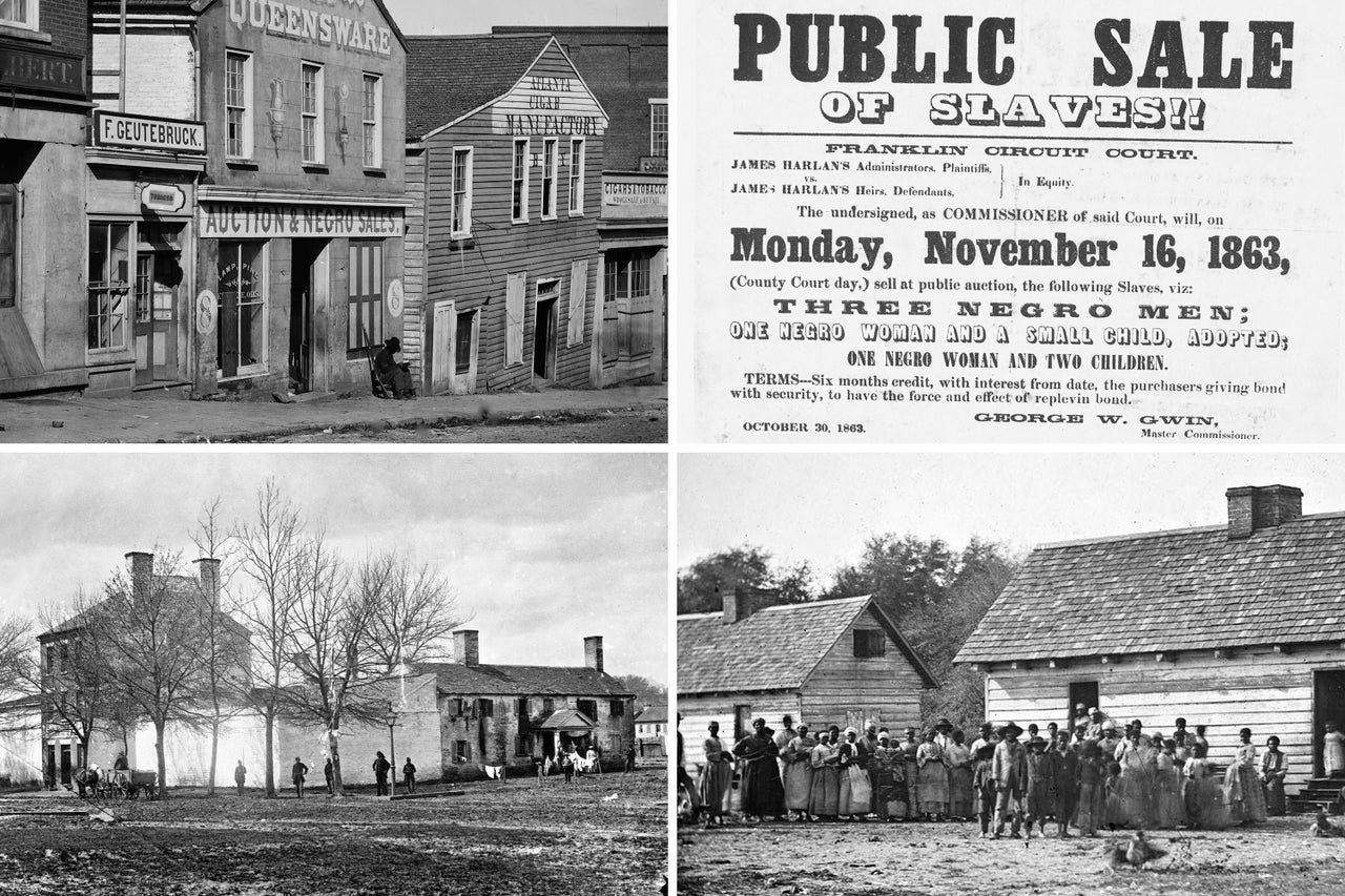 Top left: A solitary sentinel sits on guard with his rifle against the storefront where a dew days earlier it was Negro sales as usual, Atlanta, Georgia. Sherman's occupation of Atlanta put an end to the vigorous business of slave auctions. Top right: A poster advertising a slave sale, it is being held by a man named George W Gwin who is listed as Master Commissioner, James Harlen was the previous owner and the sale is taking place to settle an equity dispute between the administrator of his estate and his heirs, three men, two women and three children are listed for sale in total, six month credit terms with interest are being offered on the purchase of the slaves, Frankfort, Kentucky, 1863. From the New York Public Library. Bottom left: The slave pen and auction house at Alexandria, Virginia, in 1863. Bottom right: Plantation slaves gathered outside their huts, Virginia circa 1860.