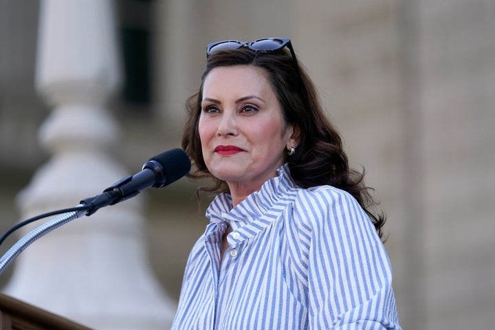 Michigan Gov. Gretchen Whitmer speaks to abortion rights protesters at a rally following the U.S. Supreme Court's decision to overturn Roe v. Wade on June 24, 2022. She has asked the state supreme court to find a right to an abortion in the state constitution.