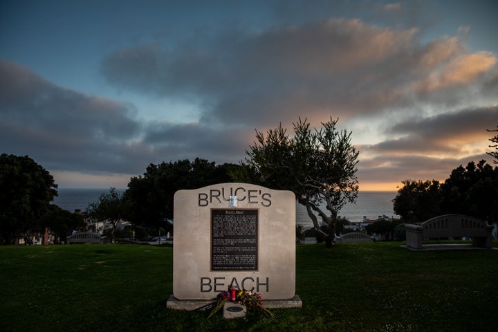 A marker for Bruce's Beach in Manhattan Beach, in the Los Angeles area. The land was purchased by Charles and Willa Bruce in the early 1900s and operated as a seaside resort for Black beachgoers.