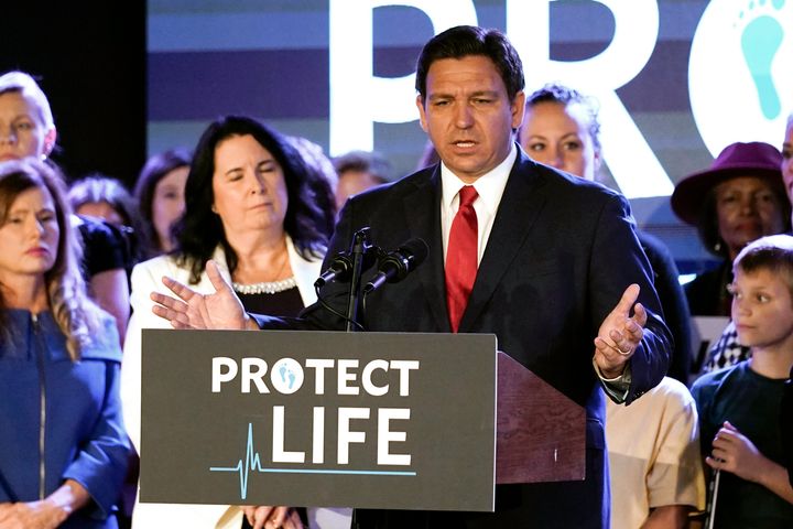 Florida Gov. Ron DeSantis (R) speaks to supporters before signing a 15-week abortion ban into law on April 14.