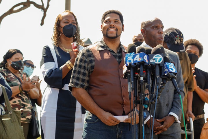 Anthony Bruce, a great-great-grandson of Charles and Willa Bruce, attends a news conference last September after a bill was signed to return the oceanfront land to his family.