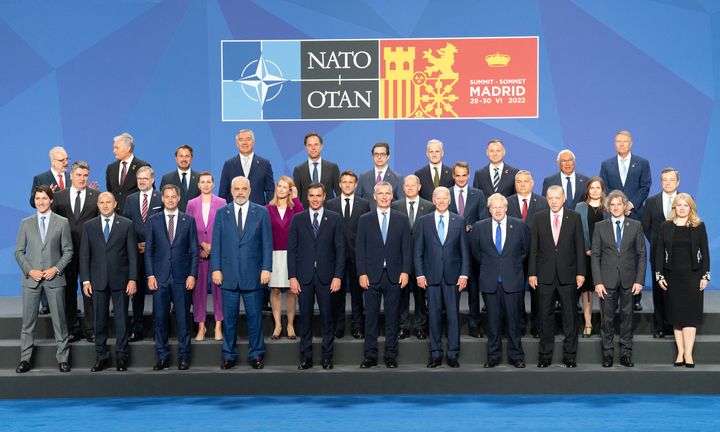 World leaders posing for the "family photo" during the Nato summit on June 29, 2022 in Madrid, Spain.