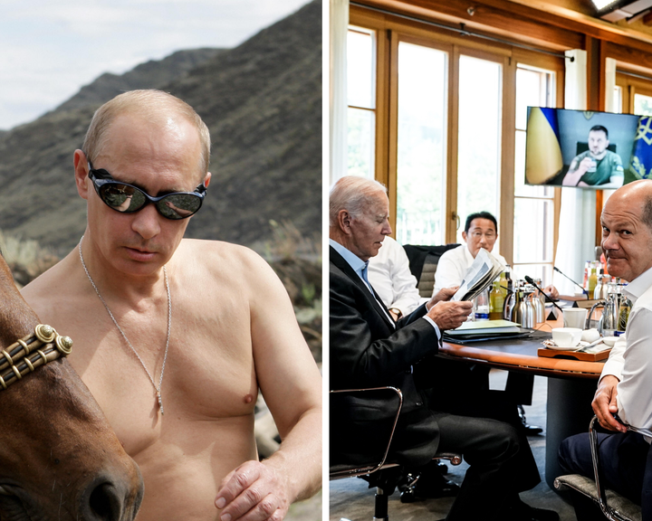 Vladimir Putin, en un combo de imágenes junto a un detalle de la reunión del G7.