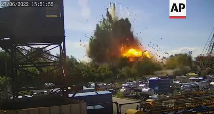 In this image taken from video and provided by the Ukrainian Presidential Press Office on June 28, 2022 which claims to show the moment just after a missile struck the shopping mall in Kremenchuk, Ukraine.