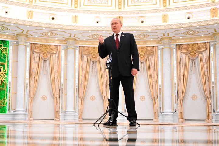 Russian President Vladimir Putin speaks to the media after the summit of Caspian Sea littoral states in Ashgabat, Turkmenistan, on June 30, 2022. 