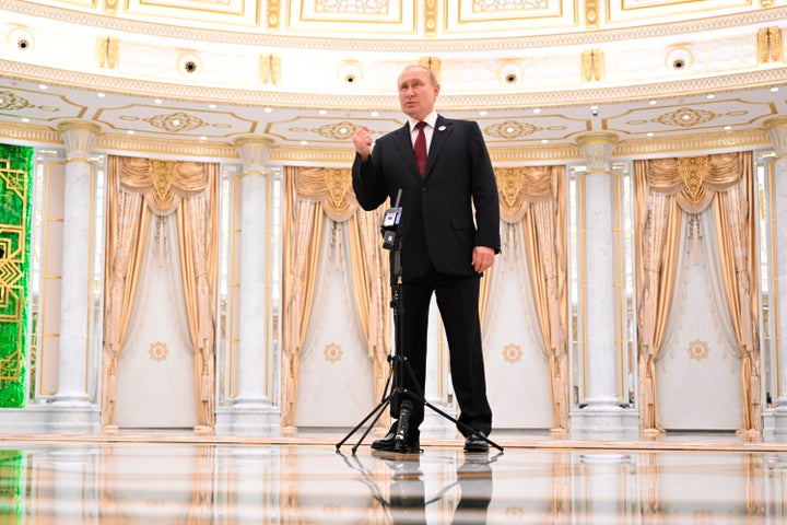 Russian President Vladimir Putin speaks to the media after the summit of Caspian Sea littoral states in Ashgabat, Turkmenistan, on June 30, 2022.