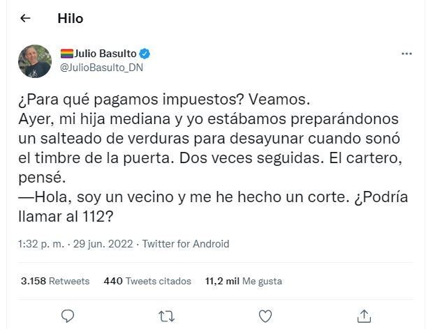 El primer tuit del nutricionista Julio Basulto.