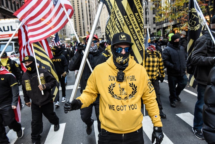 NEW YORK, NY - NOVEMBER 20: Members of the Proud Boys march in Manhattan against vaccine mandates on November 20, 2021 in New York City. A U.S. Circuit Court granted an emergency stay to temporarily stop the Biden administration's vaccine requirement for businesses with 100 or more workers. (Photo by Stephanie Keith/Getty Images)