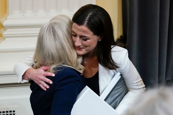 Cassidy Hutchinson, former aide to Trump White House chief of staff Mark Meadows, hugs vice chair Liz Cheney after testifying to the House select committee investigating the Jan. 6, 2021, attack on the U.S. Capitol.