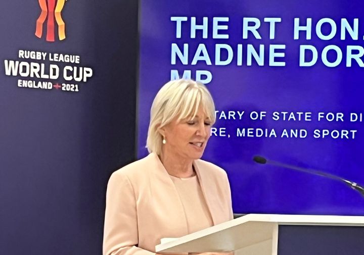 <strong>Nadine Dorries speaks at the launch of a report into the social impact made by the 2021 Rugby League World Cup.</strong>