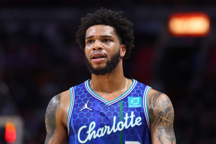 Miles Bridges of the Charlotte Hornets in a game against the Miami Heat on April 5, 2022.
