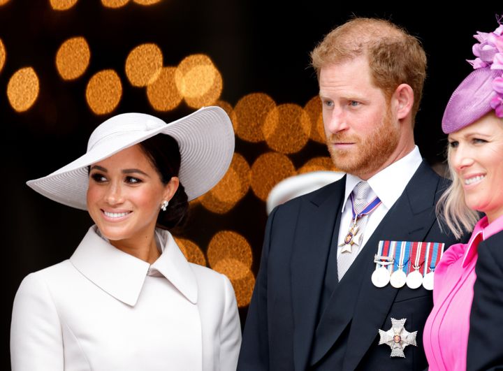 The Duke and Duchess of Sussex attend a National Service of Thanksgiving to celebrate the Platinum Jubilee of Queen Elizabeth on June 3 in London.