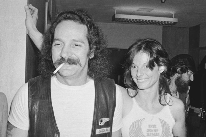 Hells Angels founder Ralph "Sonny" Barger and his wife Sharon are shown after his release on $100,000 bond in San Francisco, Aug. 1, 1980. Barger, the leather-clad figurehead of the notorious Hells Angels motorcycle club, has died at age 83. Barger's death was announced late Wednesday, June 29, 2022, on his Facebook page. Barger composed the post placed on the Facebook page managed by his current wife, Zorana. (AP Photo/Robert Houston, File)