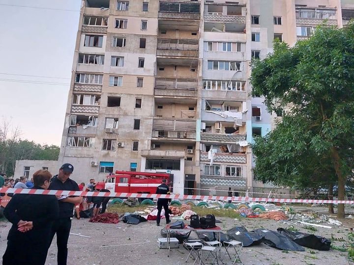 In this photo provided by the Ukrainian Emergency Service, a damaged residential building is seen in Odesa, Ukraine, early Friday, July 1, 2022, following Russian missile attacks. 