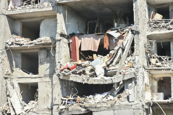A destroyed building is seen after the Russian missile attack in Odesa, Ukraine, on July 1, 2022.
