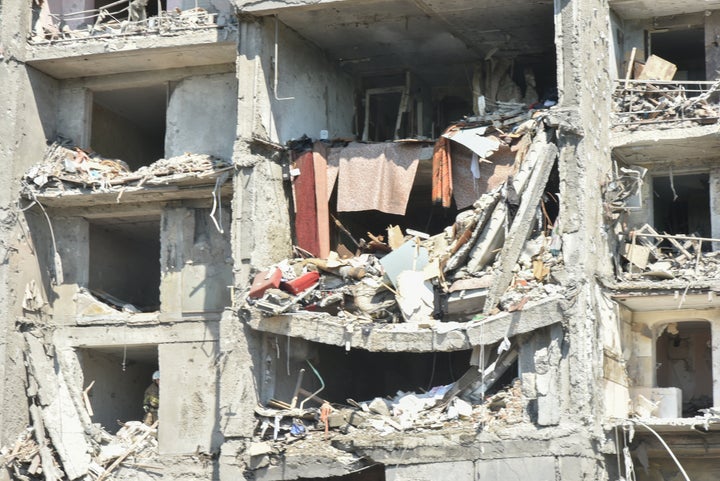 A destroyed building is seen after the Russian missile attack in Odesa, Ukraine, on July 1, 2022. 