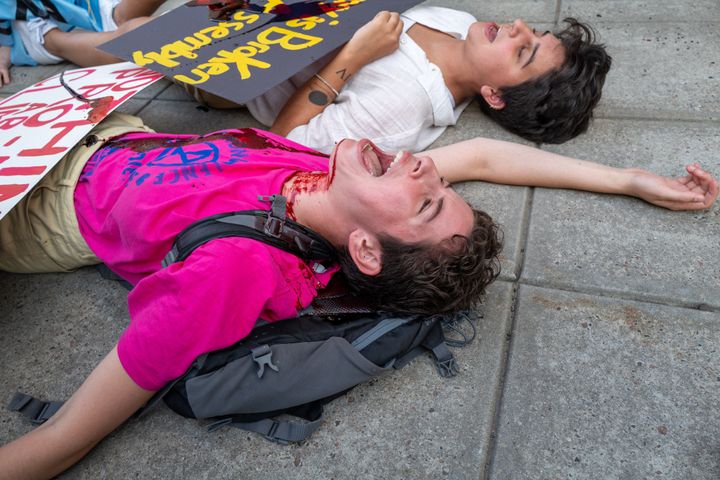 Climate activists, including members of Extinction Rebellion, participate in a demonstration in front of the Thurgood Marshall US Courthouse against a recent Supreme Court ruling on June 30, 2022 in New York City.