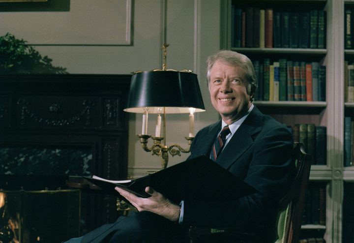 Jimmy Carter delivers a Fireside Chat from the library in the White House in February 1978.