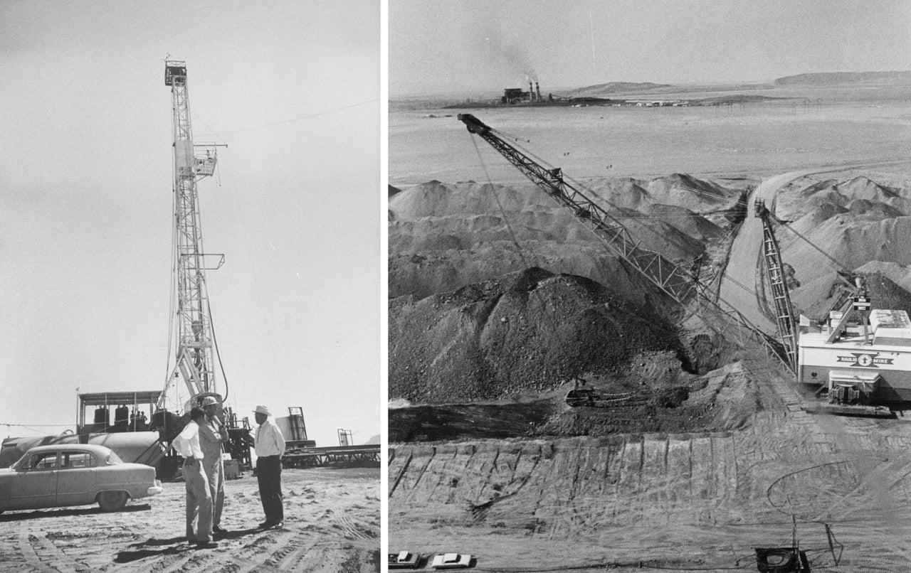 Left: Navajo tribal leader Paul Jones, at right, talks to oil workers on a Navajo reservation. Photo by Carl Iwasaki/Getty Images. Right: a Navajo mine, Feb. 28, 1973. Credit: Denver Post via Getty Images.