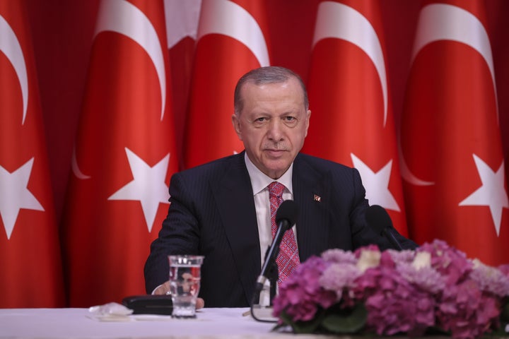 ISTANBUL, TURKIYE - JULY 01: Turkish President Recep Tayyip Erdogan makes a speech as he announces minimum monthly wage to be applied as of July 1, 2022, during a press conference at the Dolmabahce Office in Istanbul, Turkey on July 01, 2022. Turkiye is raising the minimum wage by 30% as of July 1, 2022. (Photo by Arif Hudaverdi Yaman/Anadolu Agency via Getty Images)