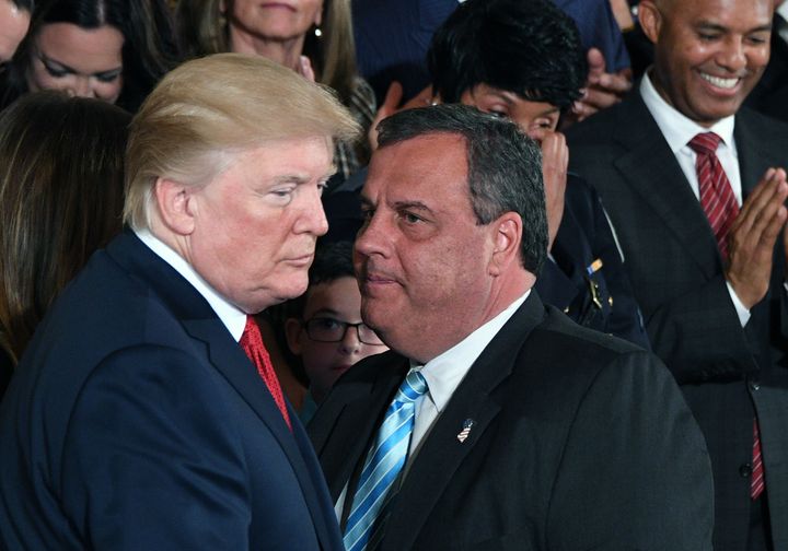 Governor Chris Christie (R-Nj) Speaks With Us President Donald Trump (L) After Remarks On His Handling Of The Drug Demand And Opioid Crisis In The East Room Of The White House On October 26, 2017 In Washington, Dc.  ,