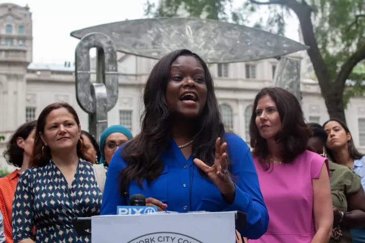 Assemblymember Rodneyse Bichotte Hermelyn speaks at a rally in City Hall Park supporting female candidates, July 13, 2021.