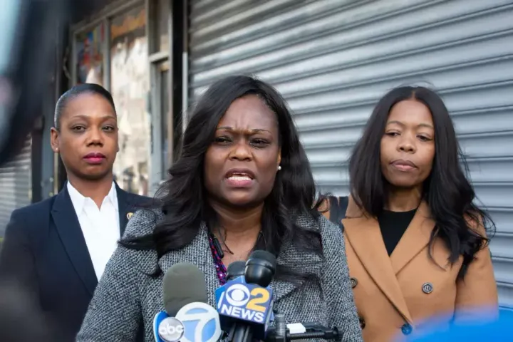 Assemblymember Rodneyse Bichotte Hermelyn visits the site of a shooting in Flatbush, Dec. 15, 2021.