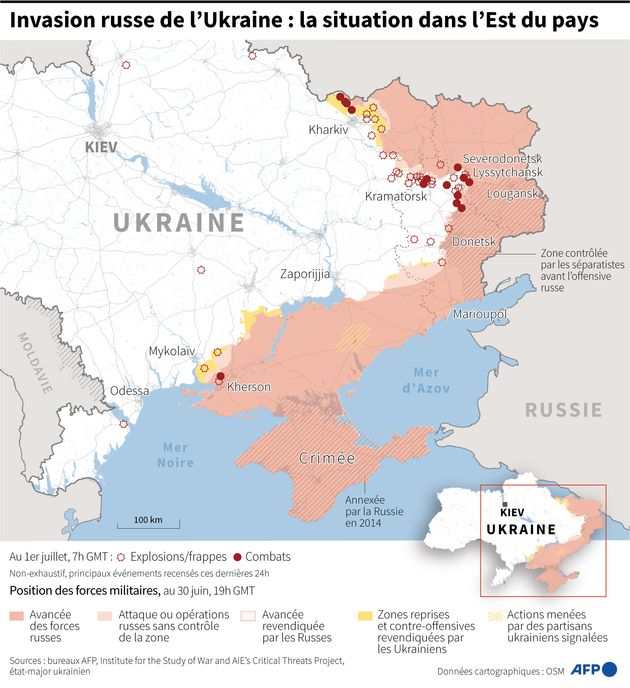 Carte de la situation en Ukraine au 1er juillet.